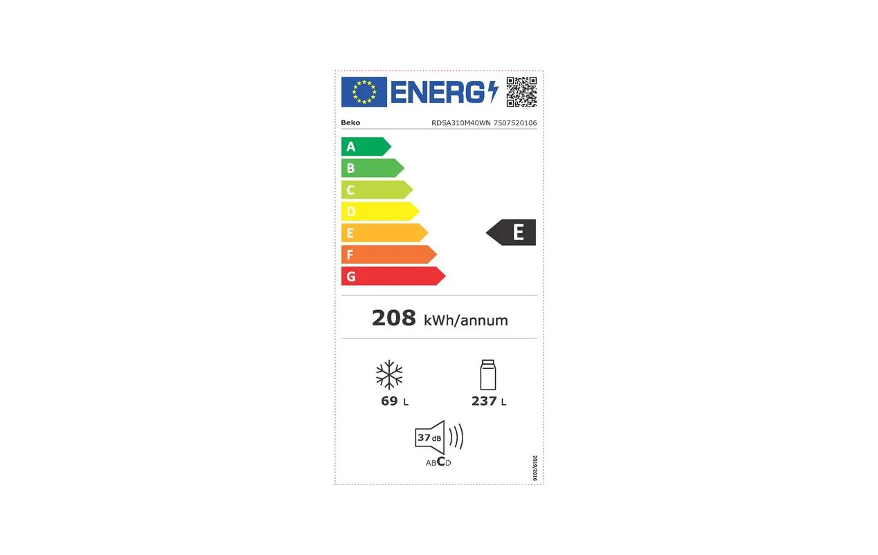 Beko RDSA310M40WN Réfrigérateur 2 portes 306 L Blanc – MinFrost – Congélateur haut 4★ – Pose libre – Image 2