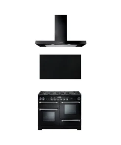 Falcon KCH110DFBL/C-EU Piano de cuisson mixte 110 cm + Hotte UNBHDS110BL + Crédence UNBSP110BL - 6 feux gaz - 3 fours - Noir/Chrome