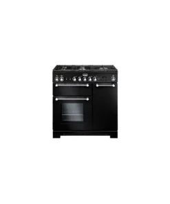 Falcon KCH90DFBL/C-EU Piano de cuisson mixte 90 cm + Hotte LEIHDC90BC + Crédence FPKRSPL90SS - 5 feux gaz - 3 fours - Noir/Chrome – Image 4