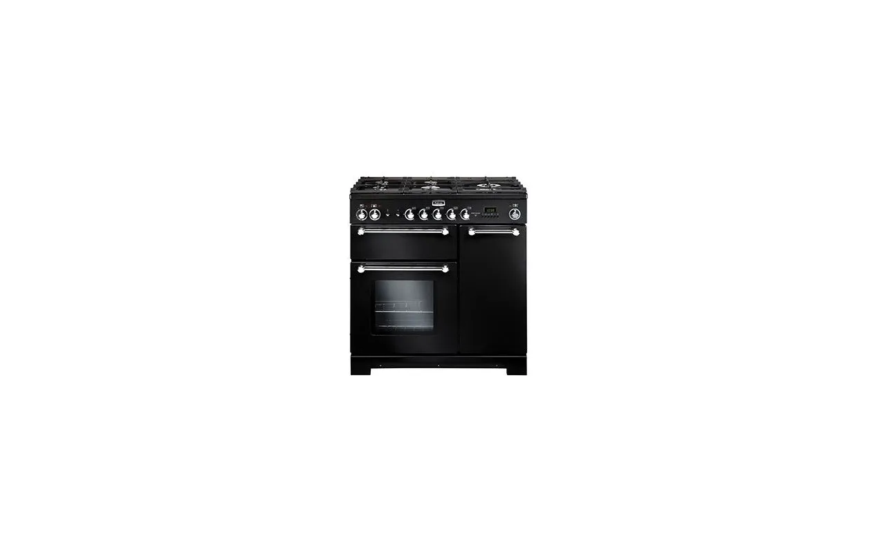 Falcon KCH90DFBL/C-EU Piano de cuisson mixte 90 cm + Hotte LEIHDC90BC + Crédence FPKRSPL90SS - 5 feux gaz - 3 fours - Noir/Chrome – Image 4