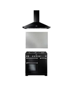 Falcon KCH90DFBL/C-EU Piano de cuisson mixte 90 cm + Hotte LEIHDC90BC + Crédence FPKRSPL90SS - 5 feux gaz - 3 fours - Noir/Chrome