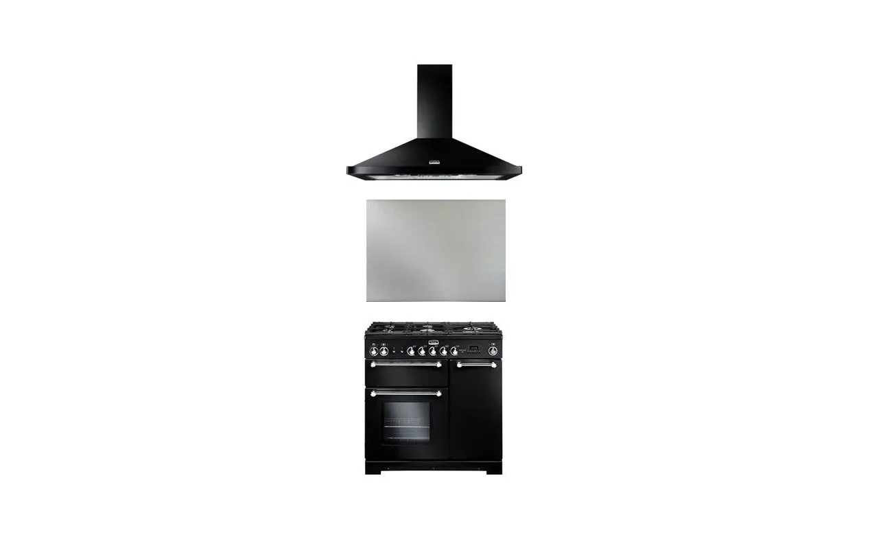 Falcon KCH90DFBL/C-EU Piano de cuisson mixte 90 cm + Hotte LEIHDC90BC + Crédence FPKRSPL90SS - 5 feux gaz - 3 fours - Noir/Chrome