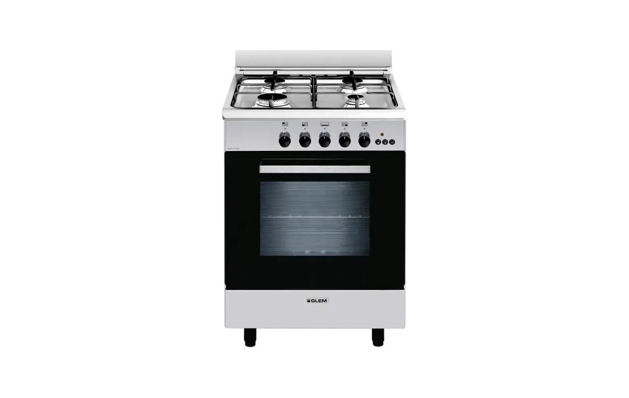 Glem GA660MIX Cuisinière gaz 60 cm 4 foyers Inox – Four gaz 67 L – Catalyse – Classe A