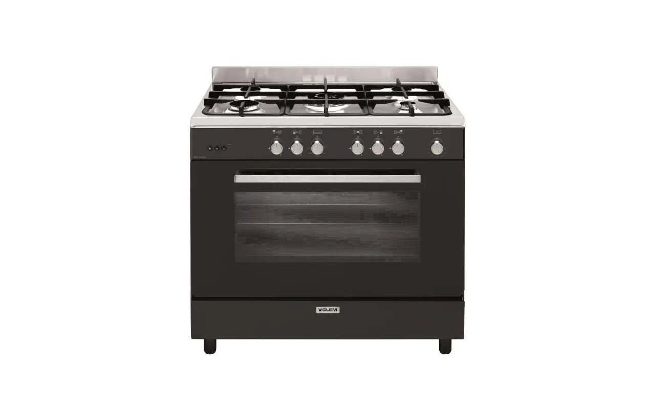GLEM GE960CMBK2 Piano de cuisson gaz 90 cm - 5 feux dont triple couronne - Four gaz 109 L - Catalyse - Noir