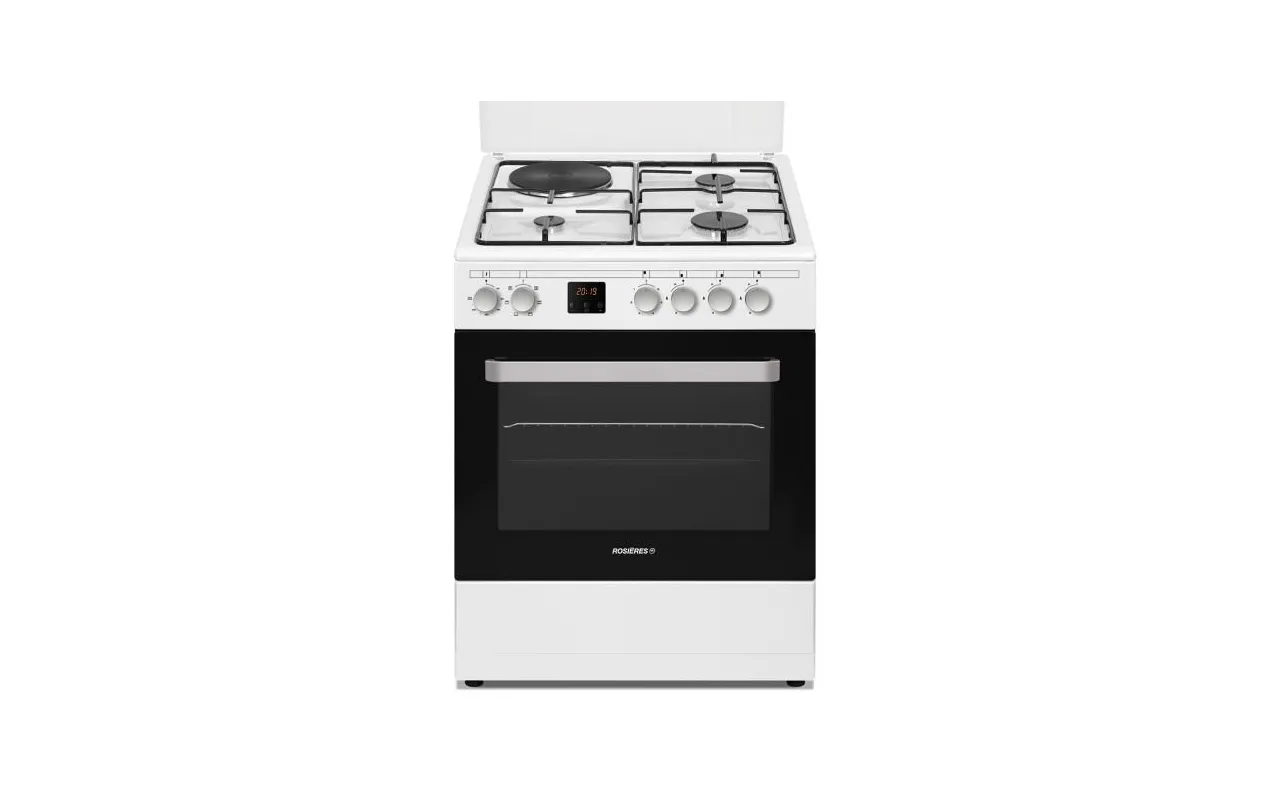 Rosières RGE660CMW/E Cuisinière mixte 60 cm Blanche – 3 feux gaz + 1 plaque électrique – Four multifonction 60 L Catalyse – Classe A